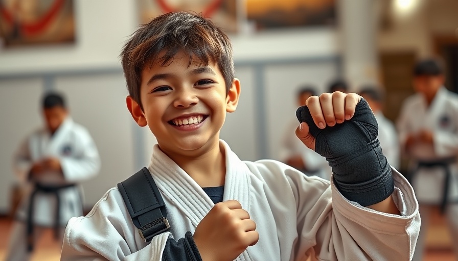 Young boy practicing martial arts in a dojo, smiling.