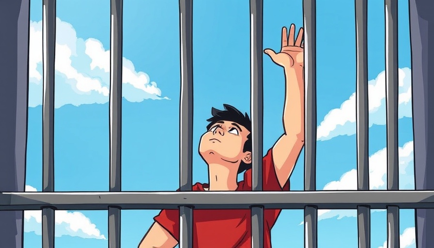 Stylized cartoon of person behind bars against a blue sky