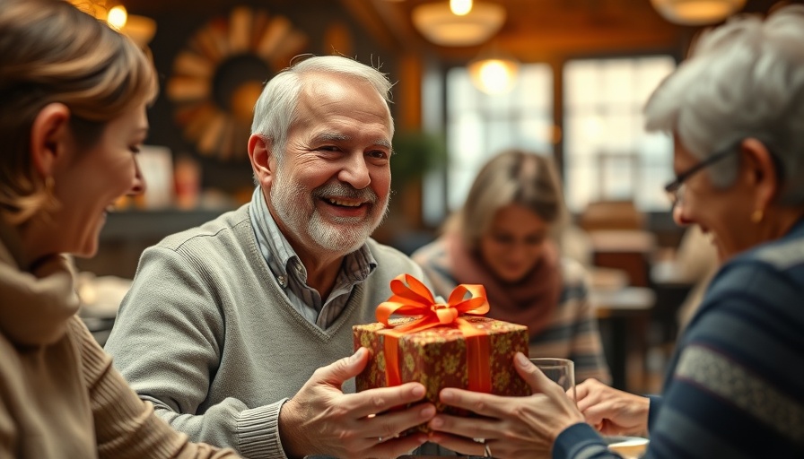 Smiling elderly man opening gift among friends, highlighting importance of prevention in senior care.