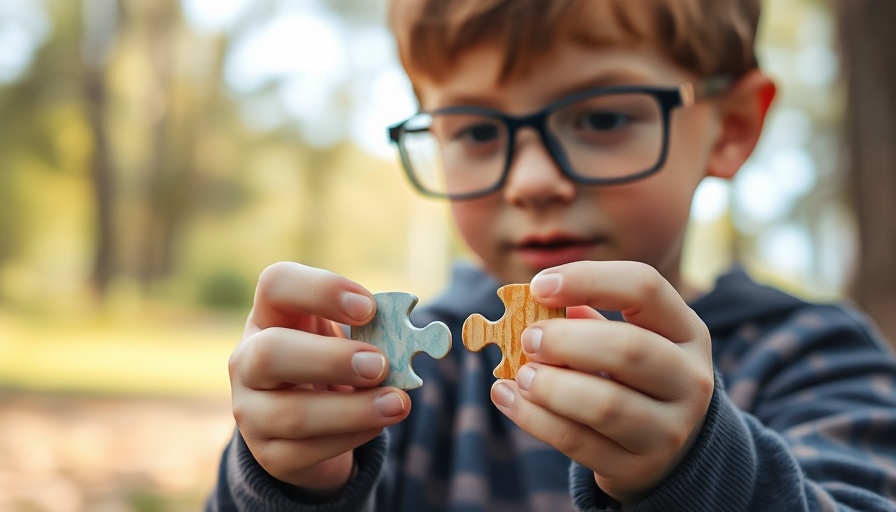 Child holding puzzle pieces, symbolic of autism diagnoses, outdoors