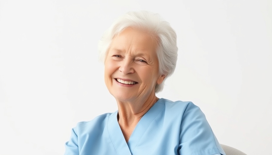 Smiling older woman in scrubs, related to Alzheimer's disease and Down syndrome.