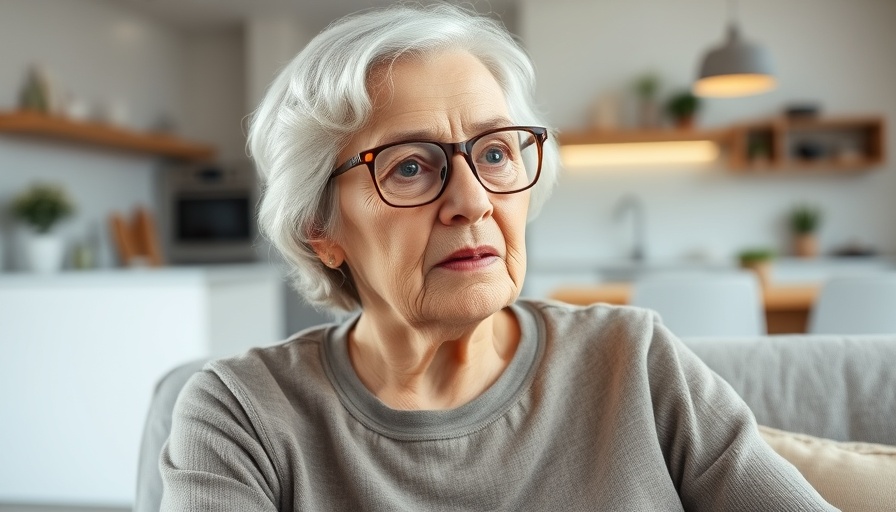 Thoughtful elderly woman in modern living room. Alzheimer's disease market growth.