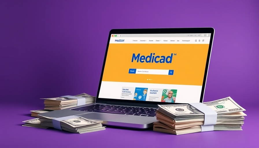 Medicaid website on laptop with dollar stacks, highlighting Medicaid cuts.