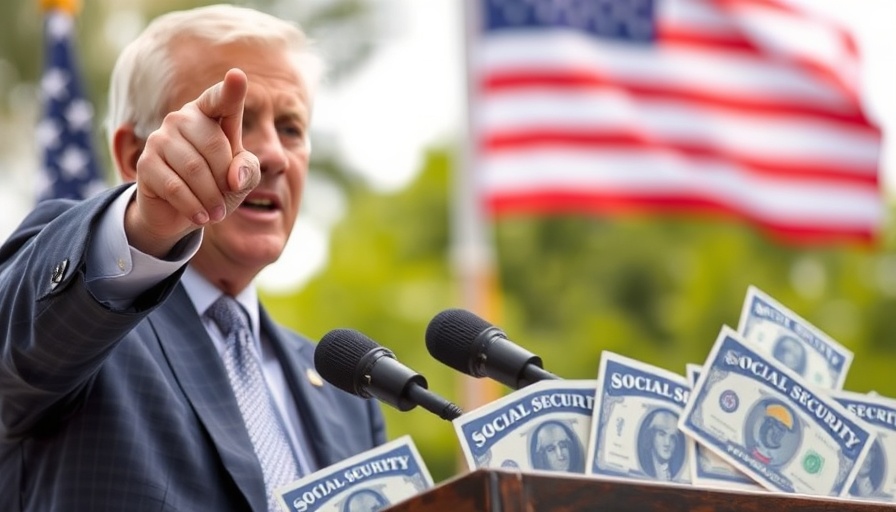 Speaker addressing tax benefits for seniors, Social Security backdrop.