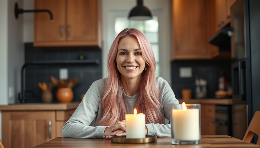 Woman in a kitchen smiling, lit candle in foreground, natural medicine alternatives Muskegon