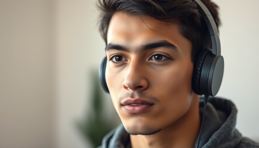 Young man wearing brain health tracking wearable technology indoors.