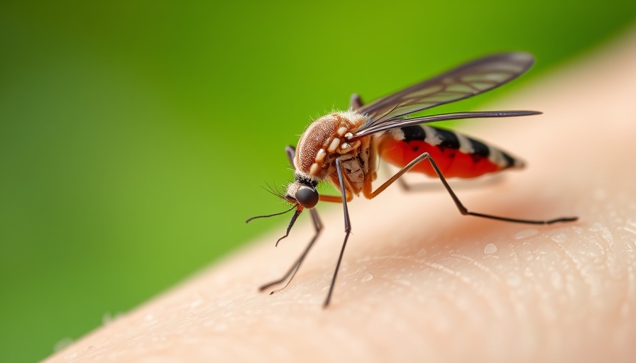 Close-up of mosquito feeding on skin, vibrant green background.