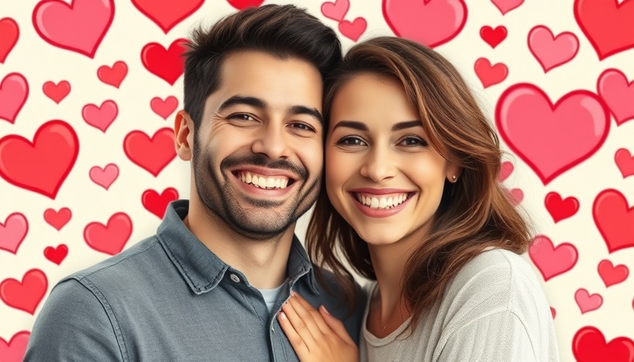 A joyful couple with red and pink heart background, highlighting healthy aging through relationships.