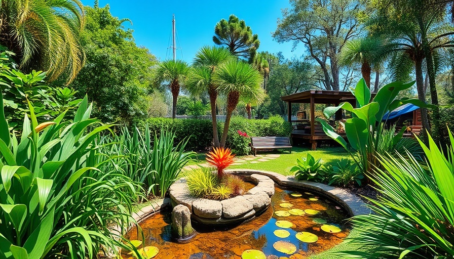 Sustainable landscaping in Northeast Florida garden with native plants and pond.