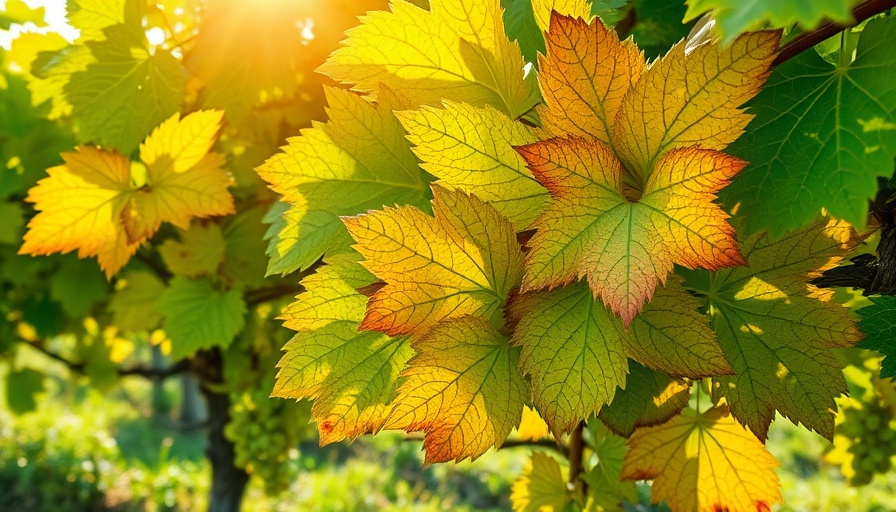 Vibrant grapevine leaves turning yellow under the sun.