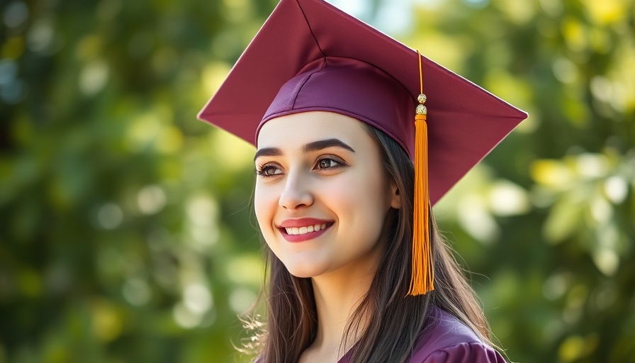 Young woman in graduation cap smiling outdoors at autism conference Muskegon.