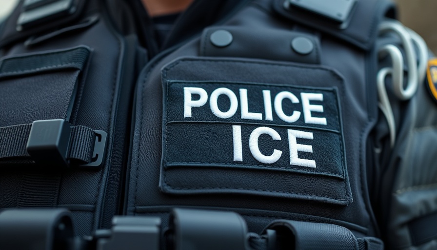 Close-up of tactical vest with 'POLICE ICE' patch, law enforcement gear.