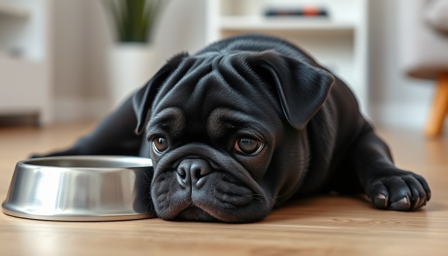 Tired black pug next to empty food bowl in home interior, signs of cancer in aging pets Muskegon.