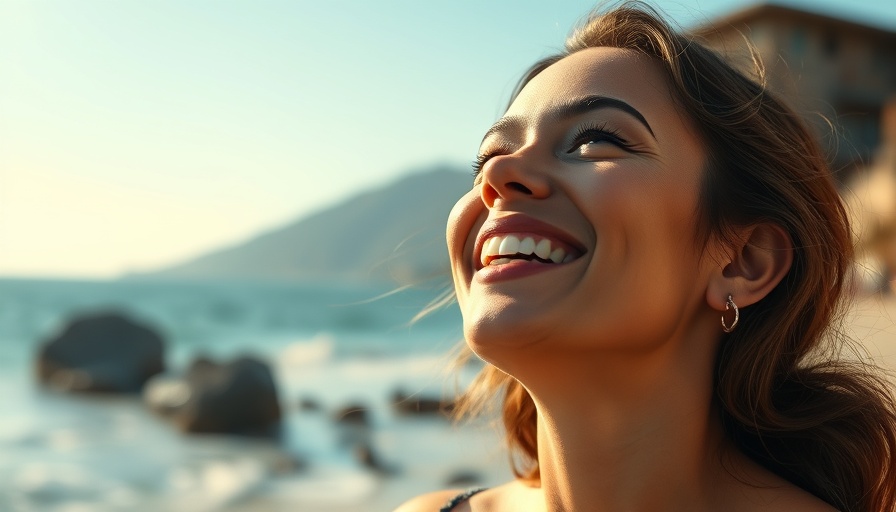 Joyful woman smiling under bright sky, setting spray benefits backdrop.