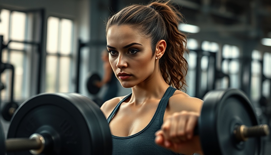 Strong and focused woman staying fit, lifting weights at gym.