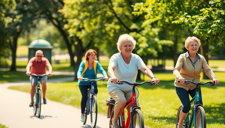 Senior people cycling and walking in a park on a sunny day.