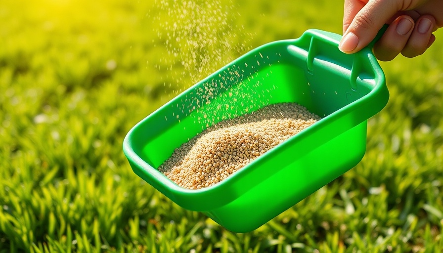 Fertilizer being distributed over a lawn with a hand-held spreader