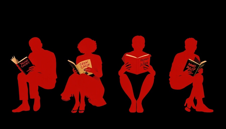 Silhouettes of readers with classic book covers, artistic design.