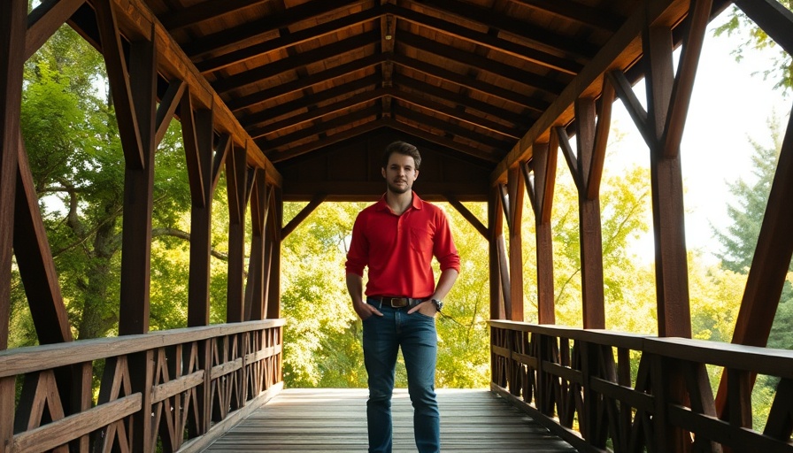 Man on rustic bridge in red shirt, nature background.