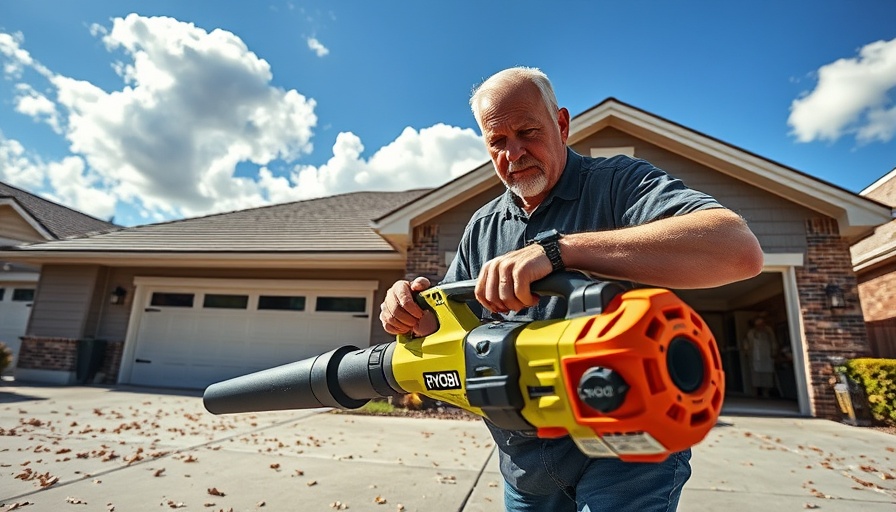 Man using Ryobi 40V 800 CFM leaf blower on driveway