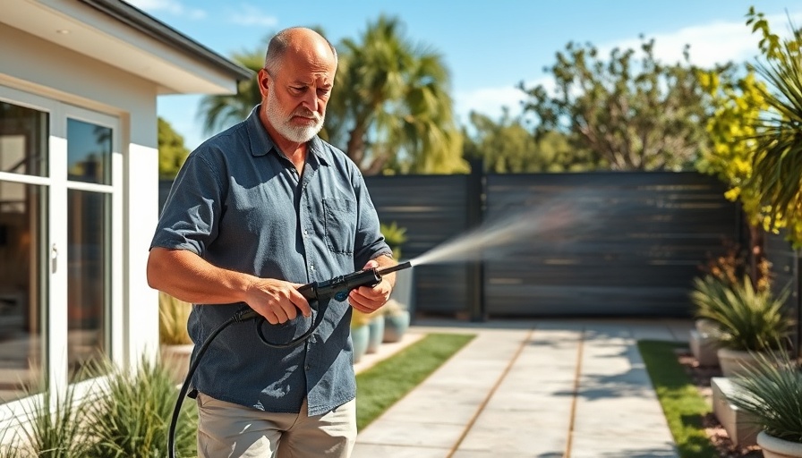 Man demonstrating how to use a pressure washer on a patio.