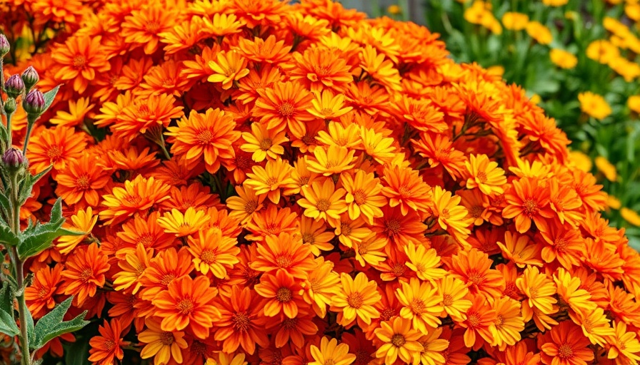 Vibrant late summer blooming perennials with orange and yellow flowers.