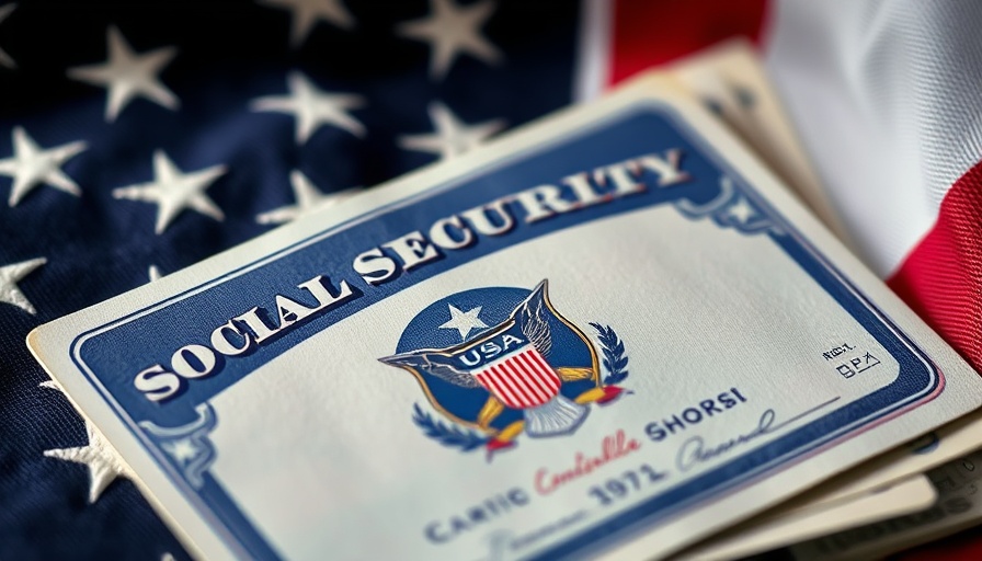 Social Security card with American flag and currency backdrop.