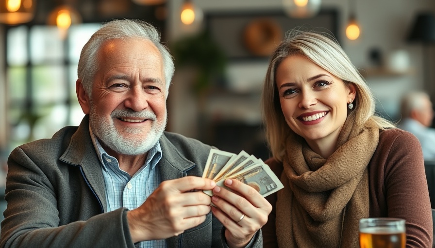 Happy elderly man holding cash with young woman in a cafe, SSI payments in August 2025.