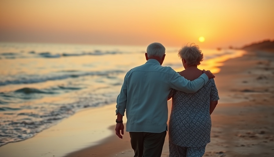 Elderly couple on beach at sunset, representing retirement