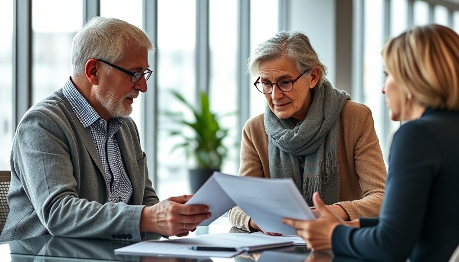 Older couple reviewing financial documents with an advisor on retirement income tax strategies.