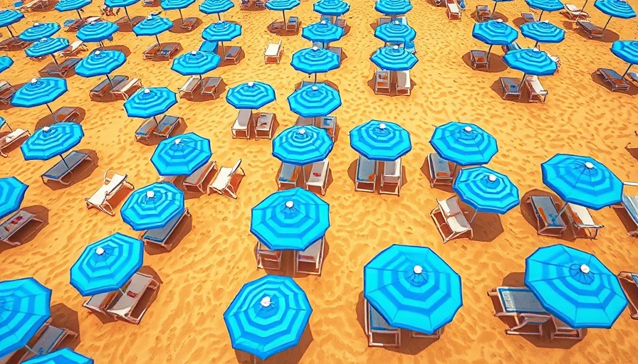 Vibrant beach setup with blue striped umbrellas, Photorealistic Lifelike.