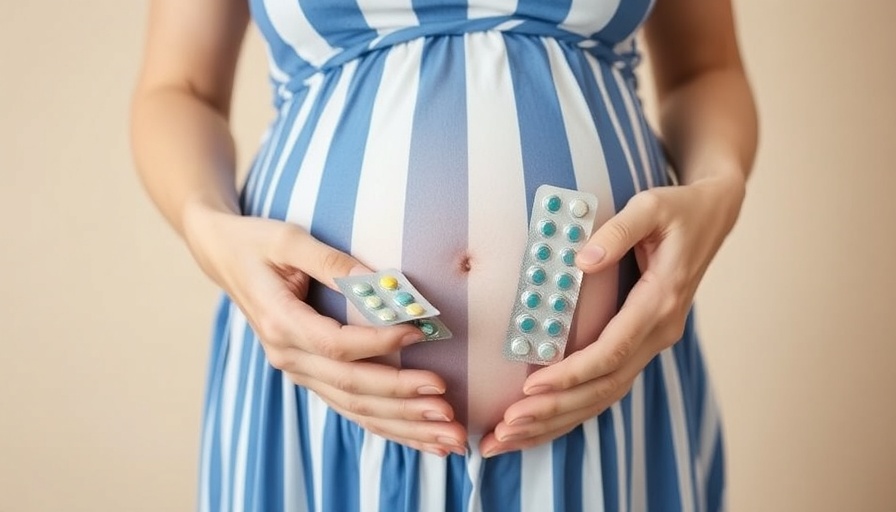 Paracetamol use during pregnancy, depicting medication held by pregnant woman.