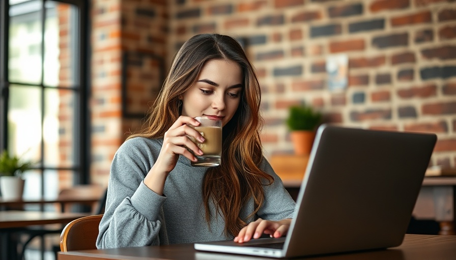 Woman working on laptop in cozy cafe, sipping coffee.