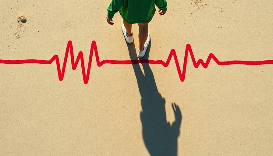 Person walks on red heart rate line; concept of medically induced PTSD heart attack.