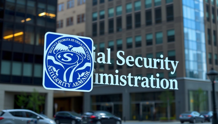 Social Security Administration building window logo reflecting cityscape.