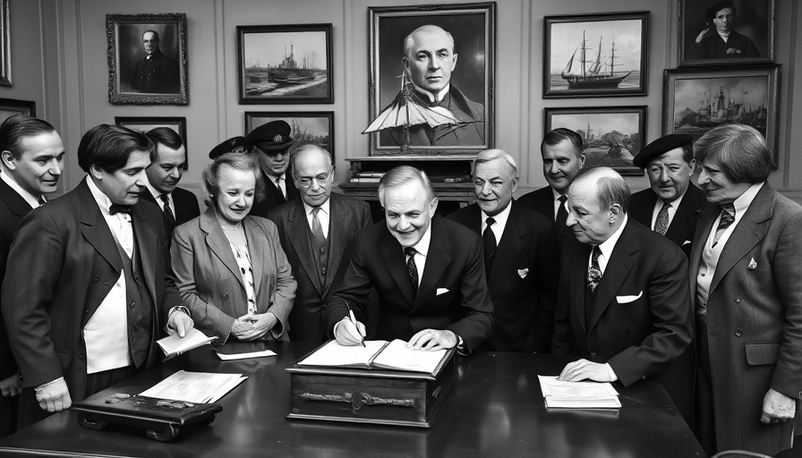 Group signing historic document, representing social security guidance.