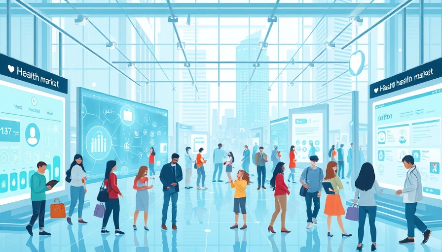 Vibrant digital health market scene with diverse users and healthcare apps