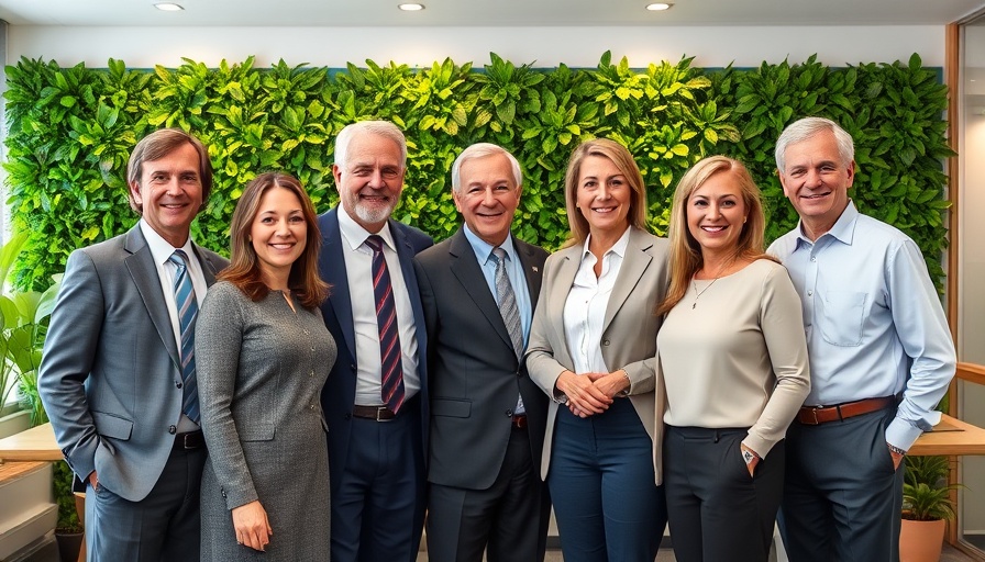 Smiling retirement planning group in formal attire, lush backdrop.