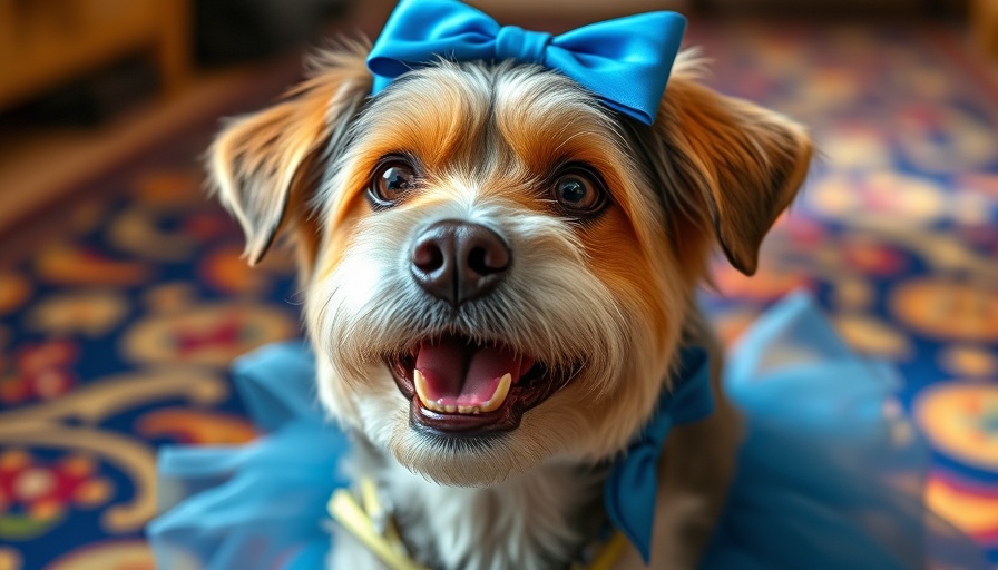 Supporting senior pets in Muskegon: dog in blue bow and tutu.