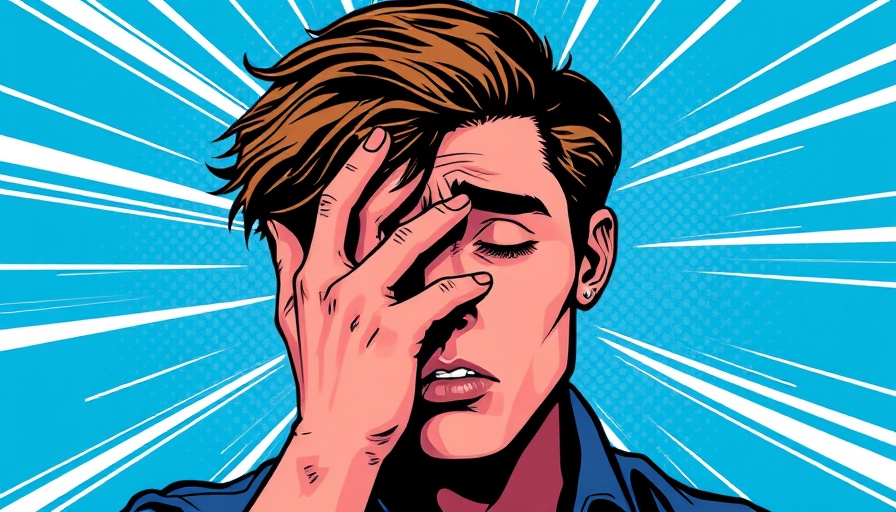 Pop art illustration of a distressed person covering face, blue background.