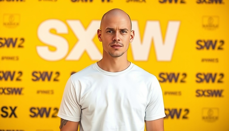 Bald man at SXSW event, yellow background.