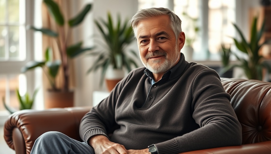 Calm middle-aged man sitting on sofa with natural background