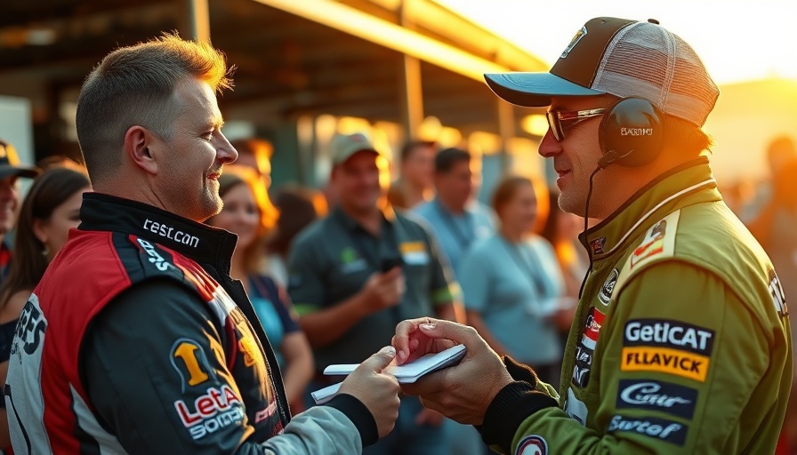 Race car driver signing autographs at Autism Awareness Race event.