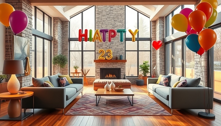 Senior living community lounge with balloons and cozy seating.