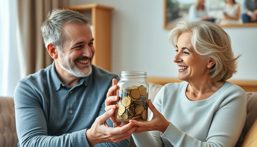 Middle-aged couple planning retirement with savings jar, smiling.