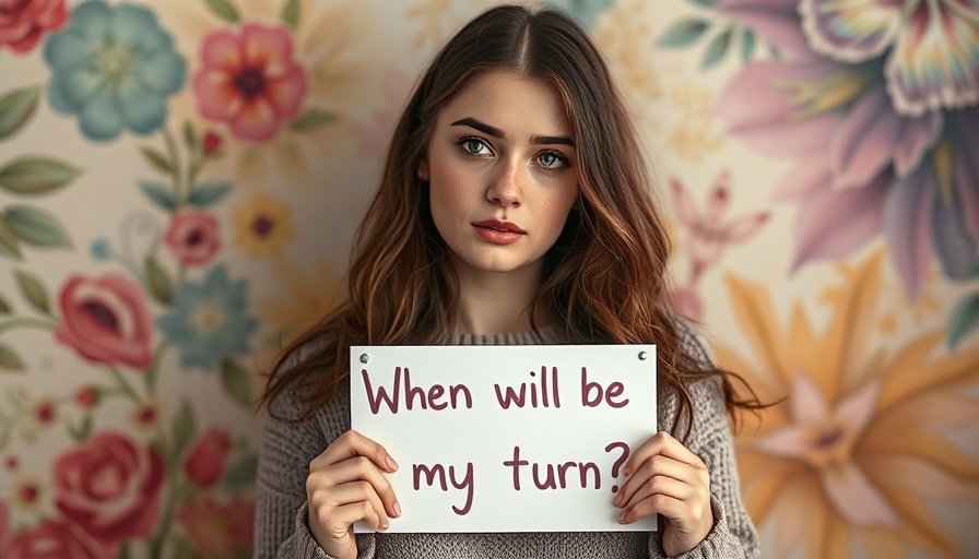 Thoughtful woman with sign about infertility and abstract background.