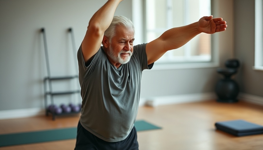 Senior man practicing hollow holds for core strength in a gym.