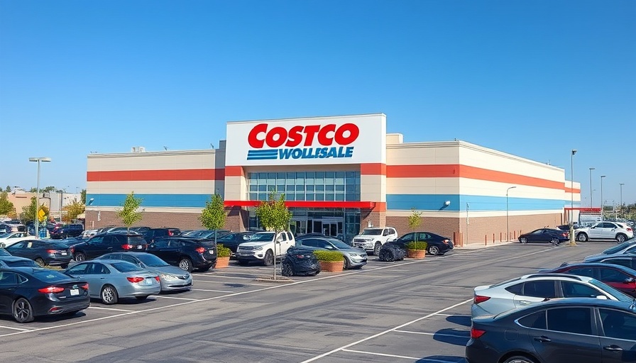 Large Costco Wholesale with cars in parking lot, sunny day.