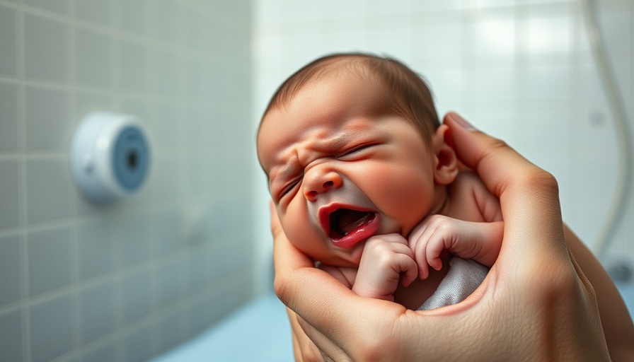 Crying newborn baby held by hands, symbolizes reversing nation's declining birth rate.