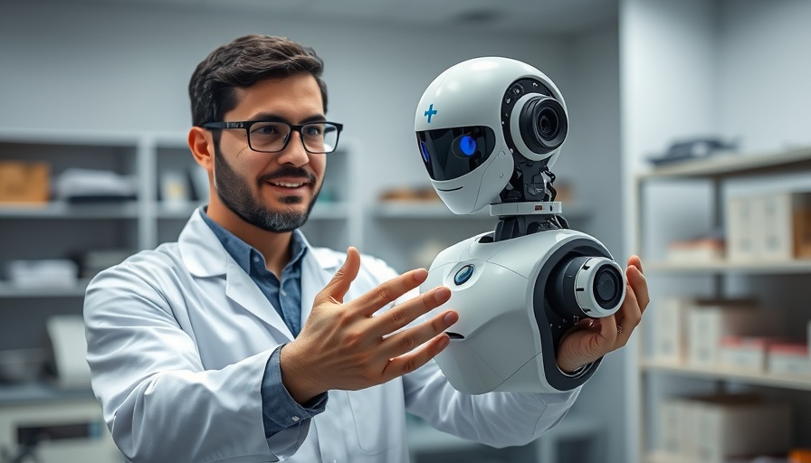 Engineer showcasing autonomous surgical robot in a laboratory setting.